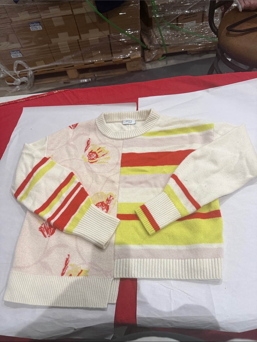 Akris Cream Sweater with Red and Yellow Stripes and Floral Motif